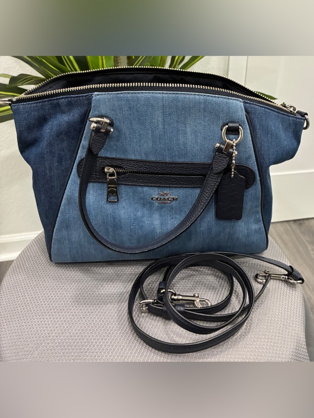 Coach Blue Denim and Navy Leather Shoulder Bag with Removable Strap